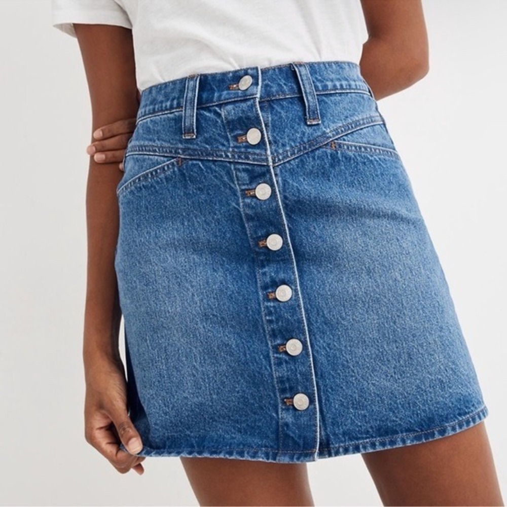 Madewell Stretch Denim A-Line Button Fly Mini Skirt Size 23 Blue